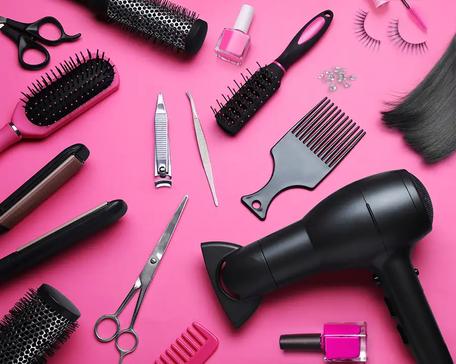 Various beauty professionals tools, hair stylists, nail technicians, lashes and brows, etc.
